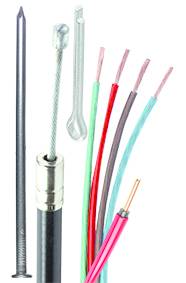 Verschiedene Kabeltypen und Leitungen nebeneinander, einschließlich eines schwarzen Kabels mit Metallhülse und mehrfarbigen Drähten.