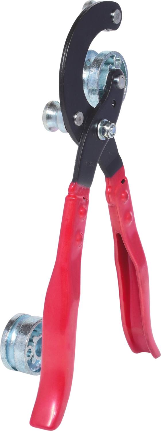 Rote Rohrzange mit Metallrad an der Spitze, verwendet zum Festziehen oder Lösen von Rohren und Armaturen.