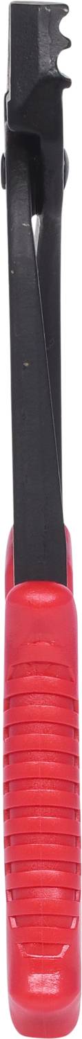 Roter Griff mit schwarzem Metallkörper, ähnlich einem Werkzeugschaft. Oben gezackt, möglicherweise zum Ziehen oder Heben gedacht.