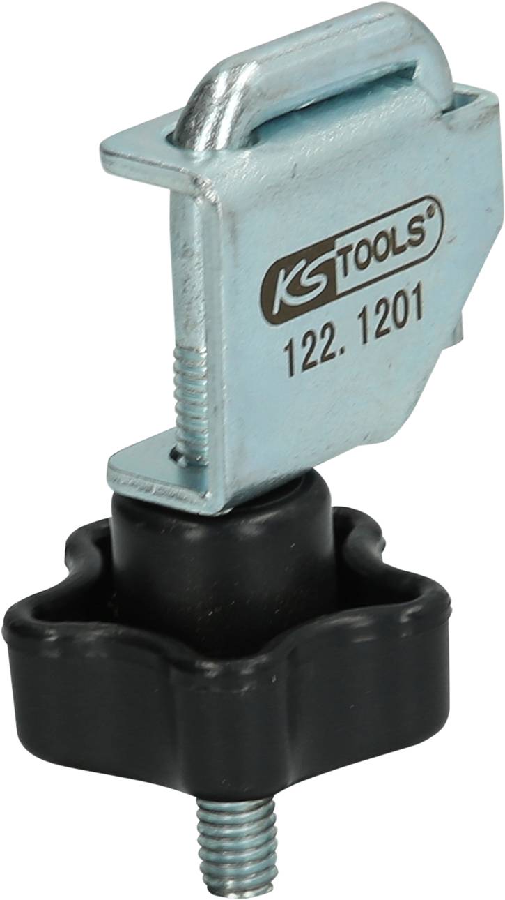 Ein verstellbares Schraubzwingen-Werkzeug mit Metalloberteil und schwarzem Kunststoffgriff, markiert mit 'KSTOOLS 122.1201'.