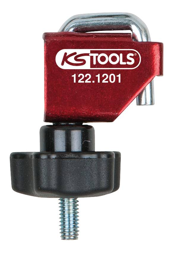 Ein roter Wagenheberhalter von KS Tools mit der Modellnummer 122.1201. Oben befindet sich ein silberner Bügel. Unten ein schwarzer Drehknopf.