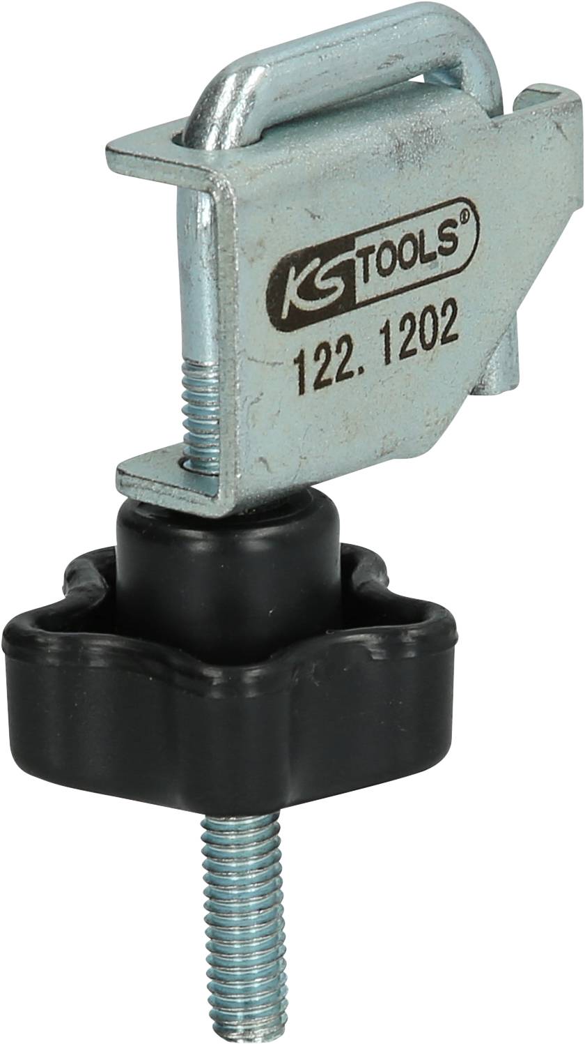 Metallische Schraubklemme mit KS Tools-Logo, Modellnummer 122.1202, befestigt auf schwarzem Kunststoffgriff mit Gewindebolzen.