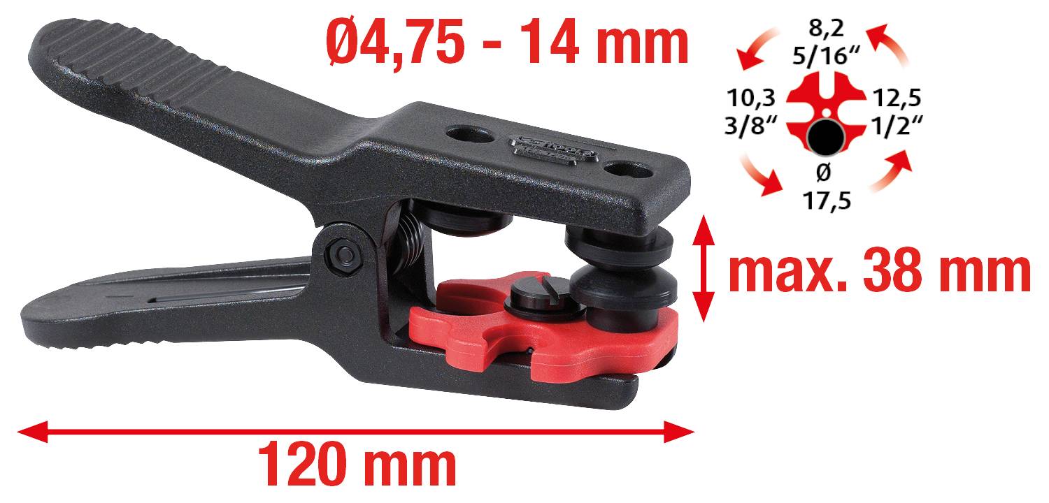 Zange zum Schneiden von Rohren, geeignet für Durchmesser von 4,75 bis 14 mm, maximale Öffnung 38 mm, Länge 120 mm.