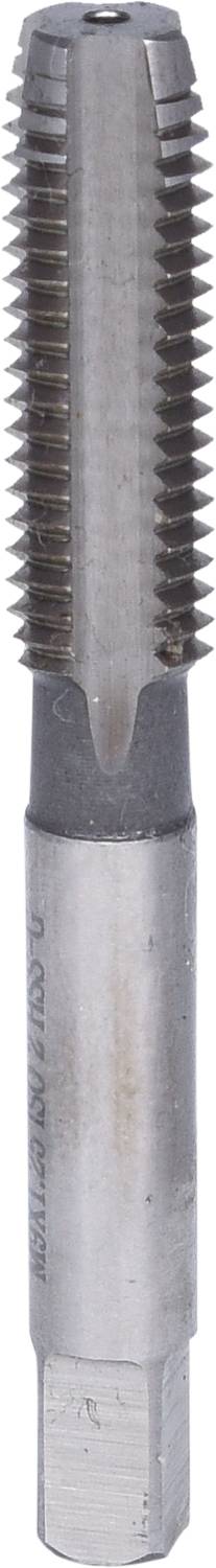 Ein Metallgewindebohrer mit scharfen Schneidkanten, zylindrischer Form und hexagonalem Schaft, geeignet für Innengewinde in Metalloberflächen.