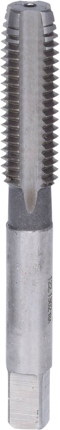 Ein metallischer Gewindebohrer in zylindrischer Form mit sichtbaren Schneidezähnen; dient zur Herstellung von Innengewinden.