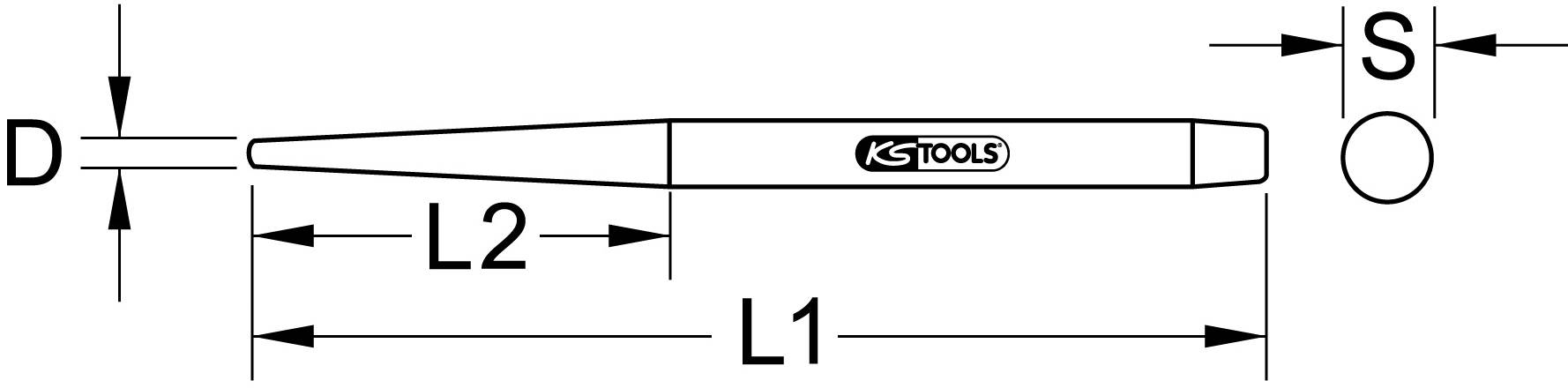 Abbildung eines Flachmeißels mit den Maßen L1, L2, D und S, sowie dem KS Tools Logo auf dem Griff.