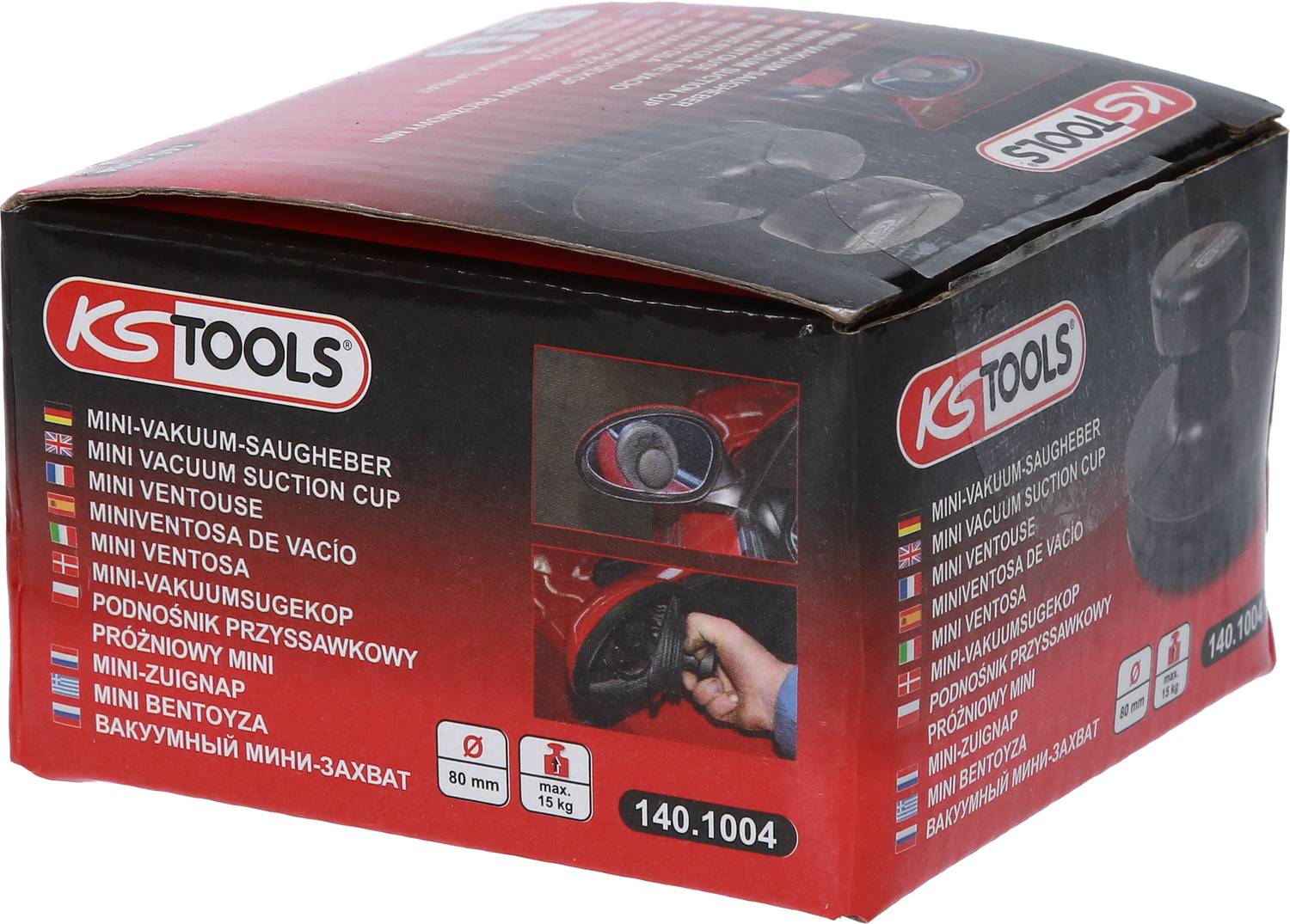 Die Verpackung eines Mini-Vakuum-Saughalters von KS Tools. Enthält Produktinformationen in mehreren Sprachen und ein Bild des Saughalters im Einsatz.