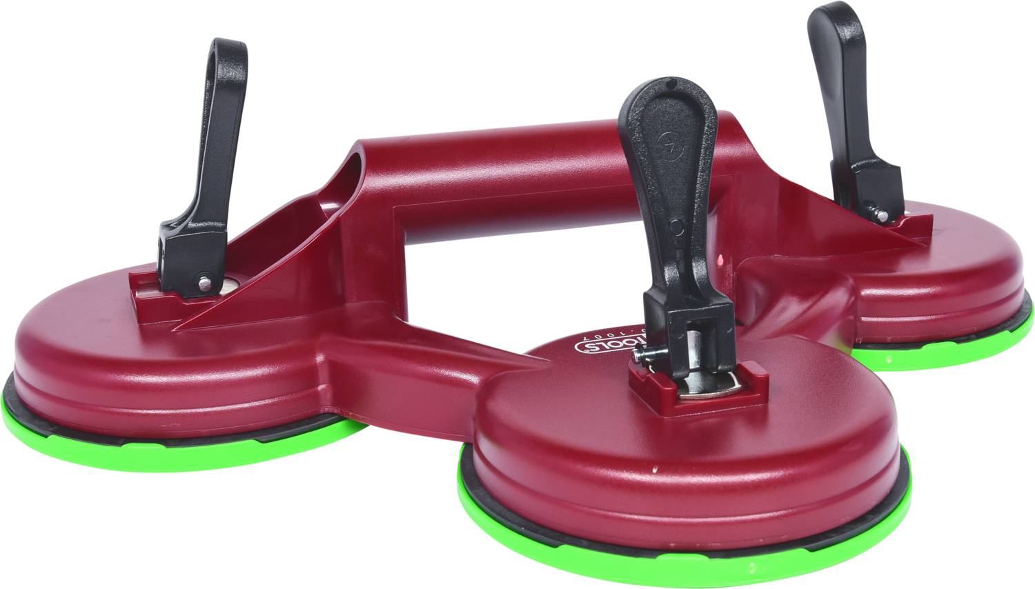 Roter Dreifach-Saugheber mit schwarzem Griff und grünen Gummis, verwendet zum Anheben von Glas oder glatten Oberflächen.