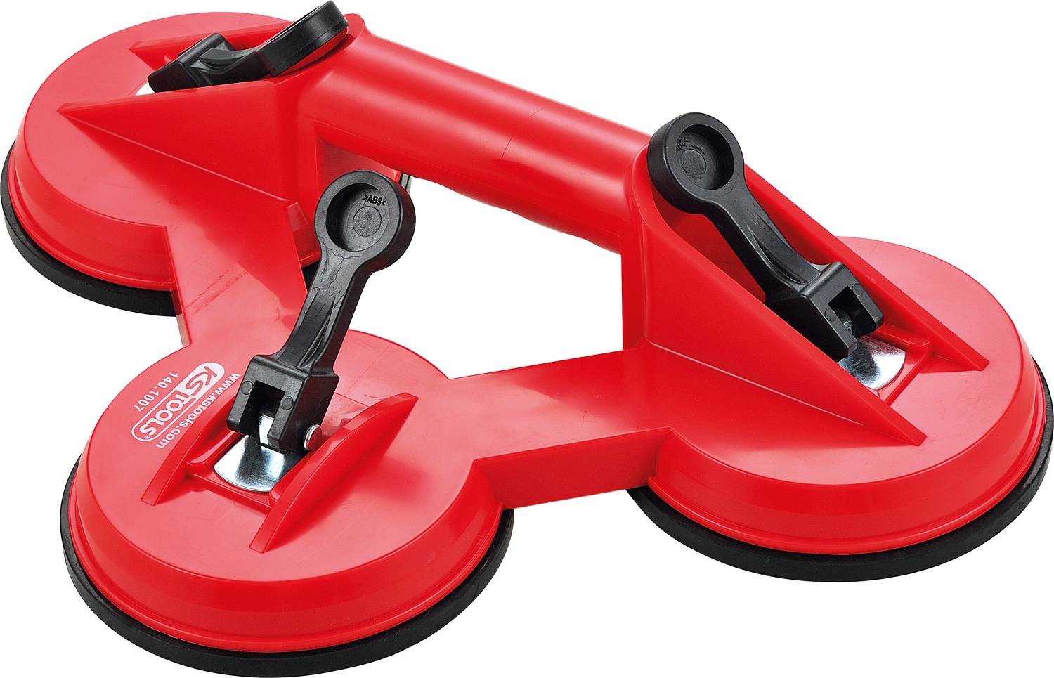 Roter zweifacher Saugheber aus Kunststoff mit zwei Saugnäpfen und Hebeln, verwendet zum sicheren Anheben von Glas oder glatten Oberflächen.