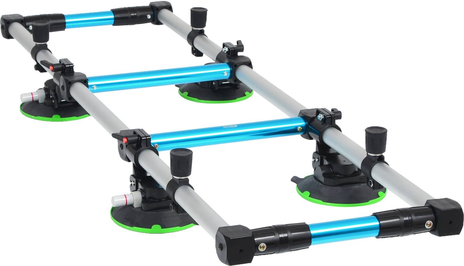 Vierbeinige Saugnapf-Halterung in blau und grau, verwendet zur Befestigung von Kameras auf flachen Oberflächen, meist in der Videoproduktion.