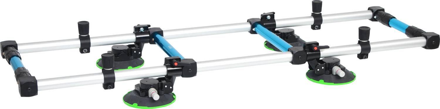Ein Montagesystem mit mehreren Saugnäpfen und blauen Verbindungsstangen, verwendet zur Befestigung auf glatten Oberflächen.