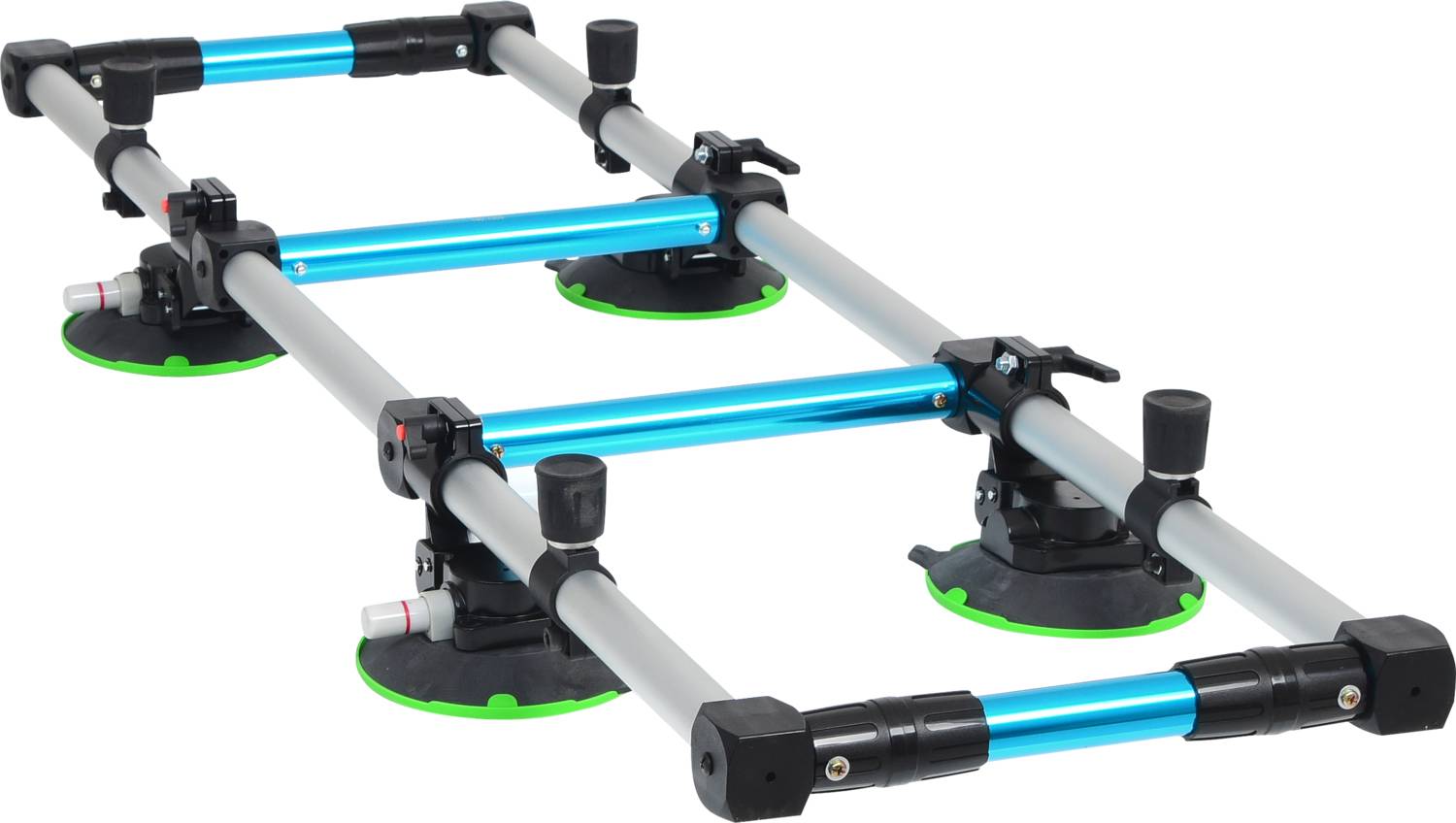 Gerät mit Saugnäpfen und verstellbaren blauen Stangen, wahrscheinlich zum Anheben oder Justieren von schweren Objekten.