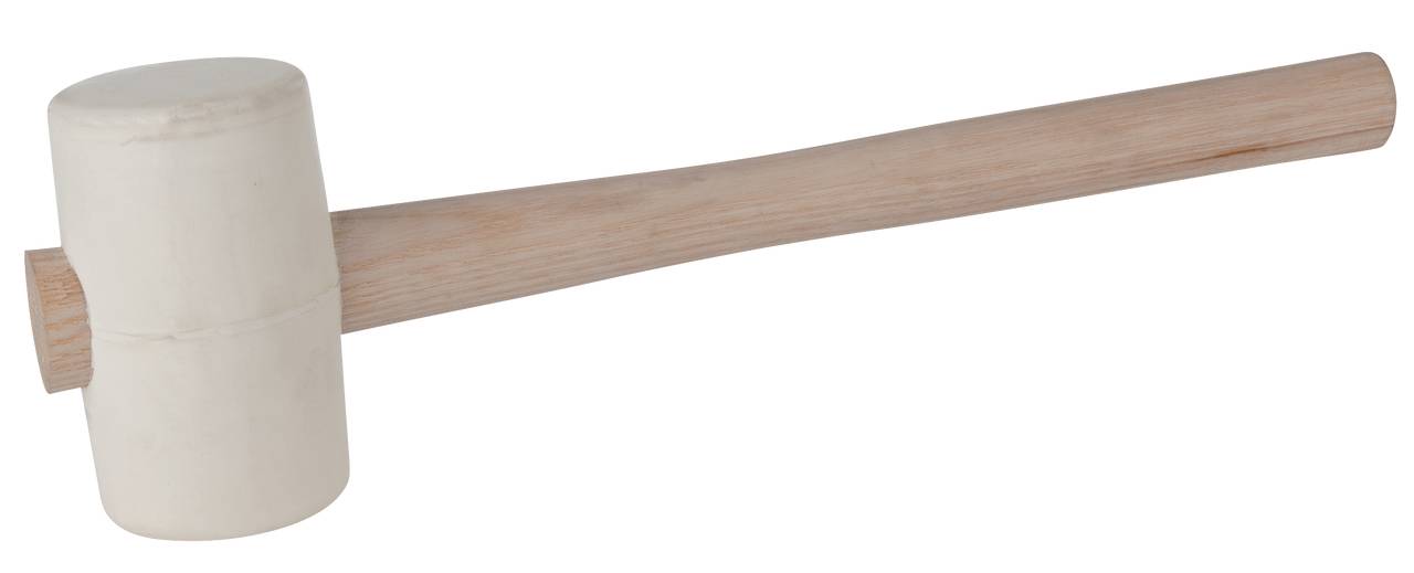 Ein weißer Holzhammer mit rechteckigem Kopf und glattem Griff, auf weißem Hintergrund.