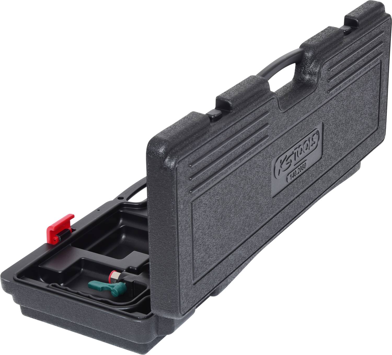 Ein geöffneter, schwarzer Werkzeugkoffer mit mehreren Fächern und einem grünen Werkzeug im Inneren.