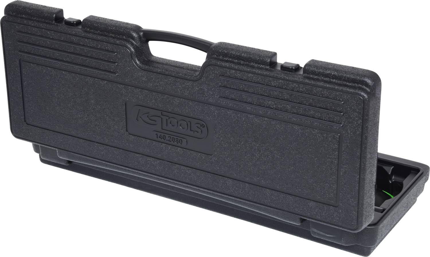 Schwarzer Kunststoffkoffer mit geprägtem 'KS Tools'-Logo, leicht geöffnet, zeigt Innenraum mit Fächern zum Verstauen von Werkzeug.