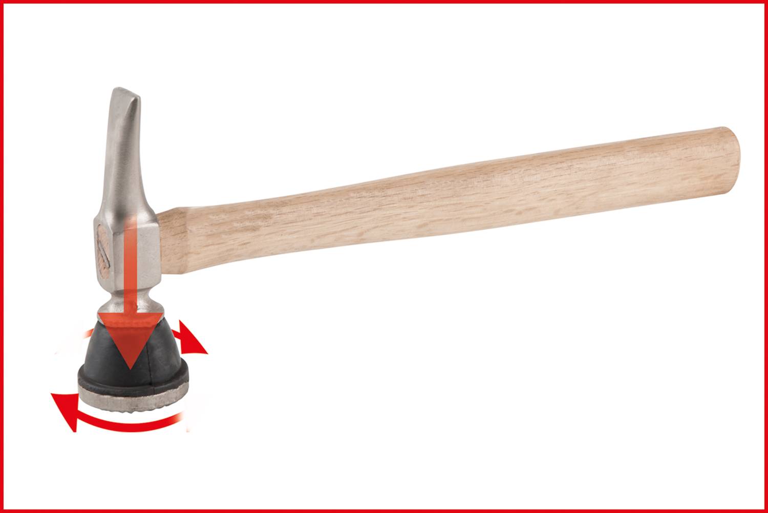Ein Hammer mit Holzgriff und einem rotierenden Kopf mit Dämpfungselementen. Ideal zur Oberflächenschonung beim Hämmern.