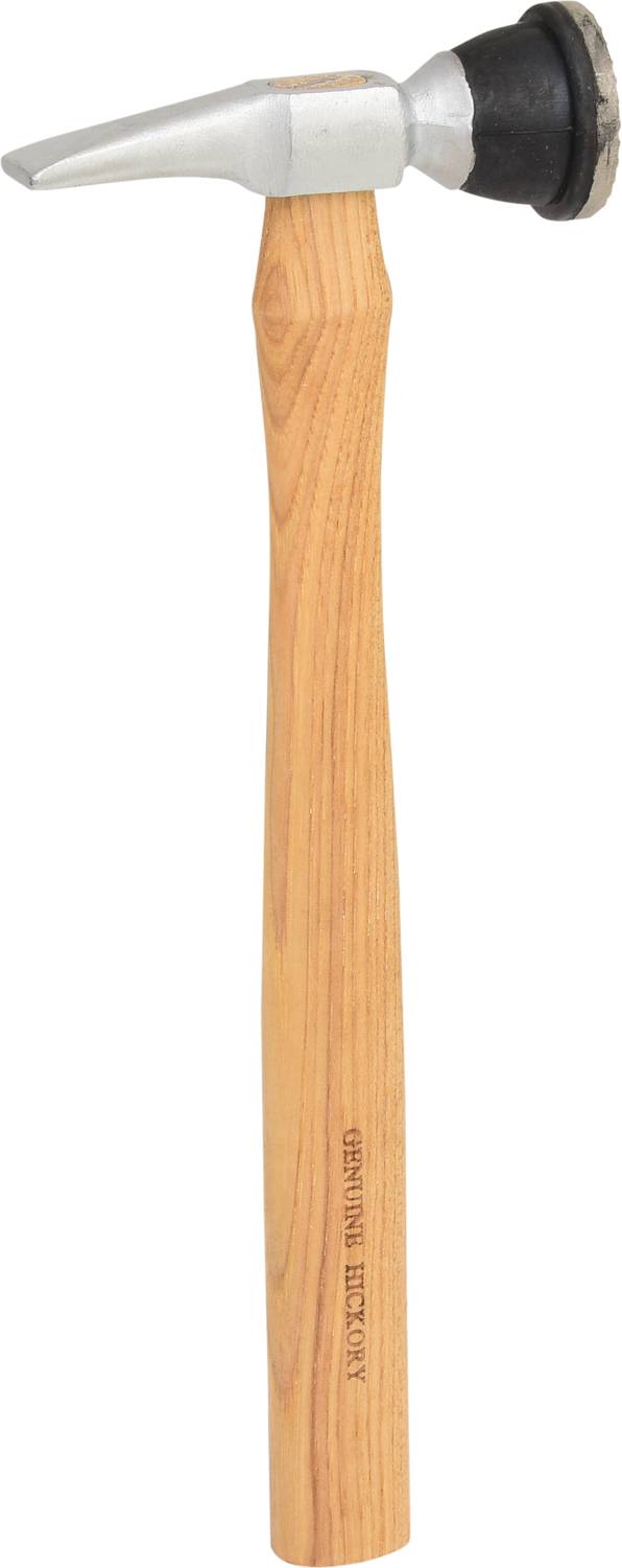 Ein Holzhammer mit Metallkopf und Gummieinsatz, geeignet für feine Arbeiten wie Schmuckherstellung oder Uhrmacherei.
