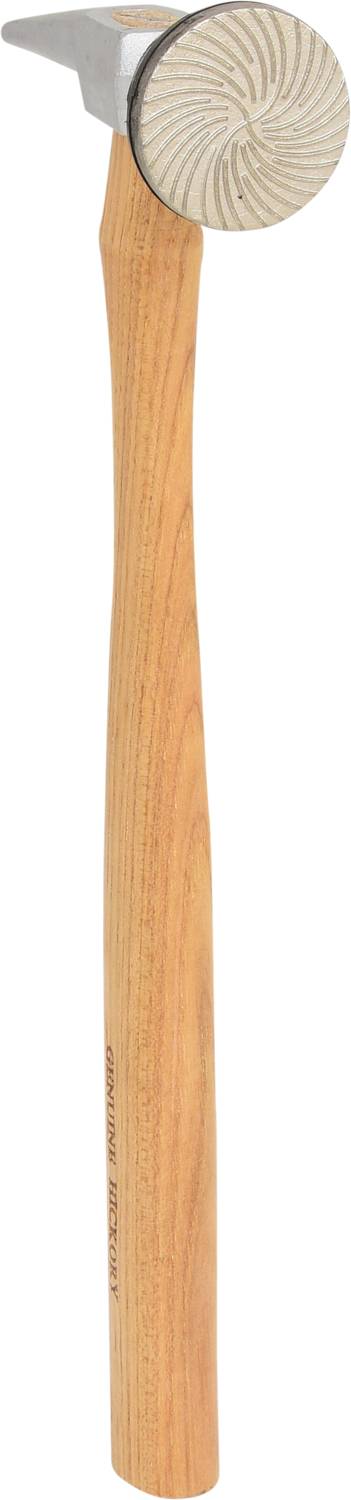 Ein Handhammer mit einem Holzgriff und einer runden, gezahnten Metallfläche. Ideal zum Bearbeiten von Leder oder weichen Materialien.