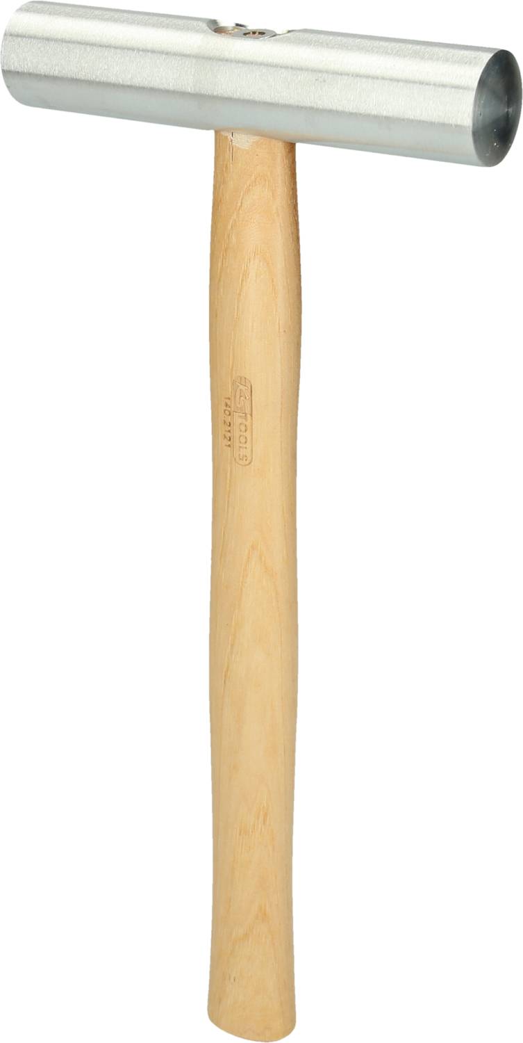 Ein Hammer mit einem runden, flachen Metallkopf und einem langen Holzgriff, verwendet für schonende Schläge auf empfindliche Materialien.