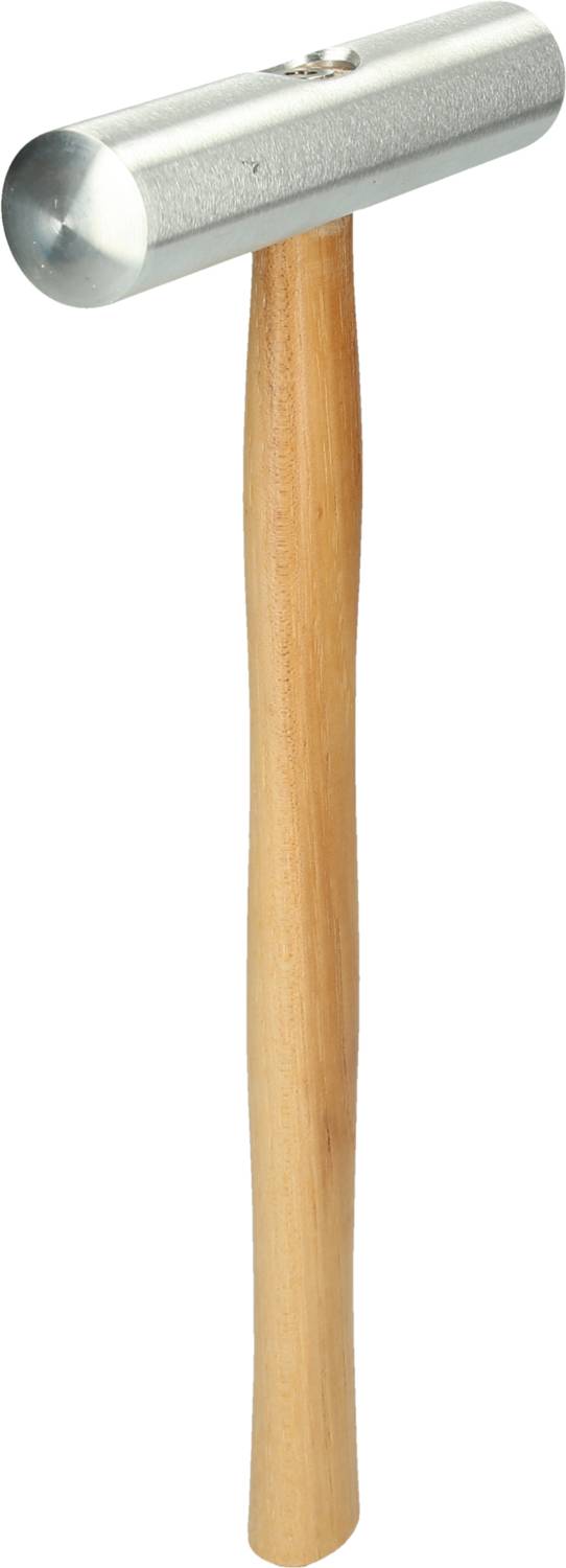 Holzhammer mit glänzendem Metallkopf, vertikal ausgerichtet.