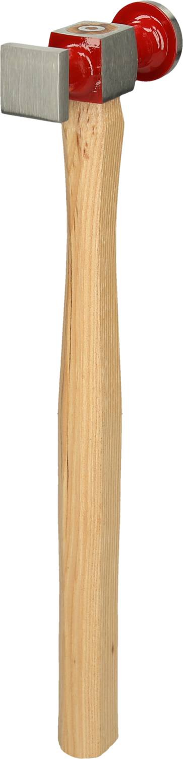 Ein Hammer mit einem hölzernen Griff und einem roten, metallischen Kopf.