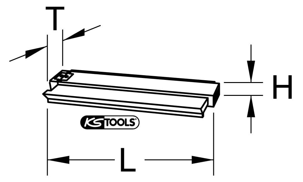 Diagramm eines Werkzeugs mit den Markierungen für Höhe (H), Breite (T) und Länge (L). Unten ist das Logo 'KSTools' abgebildet.