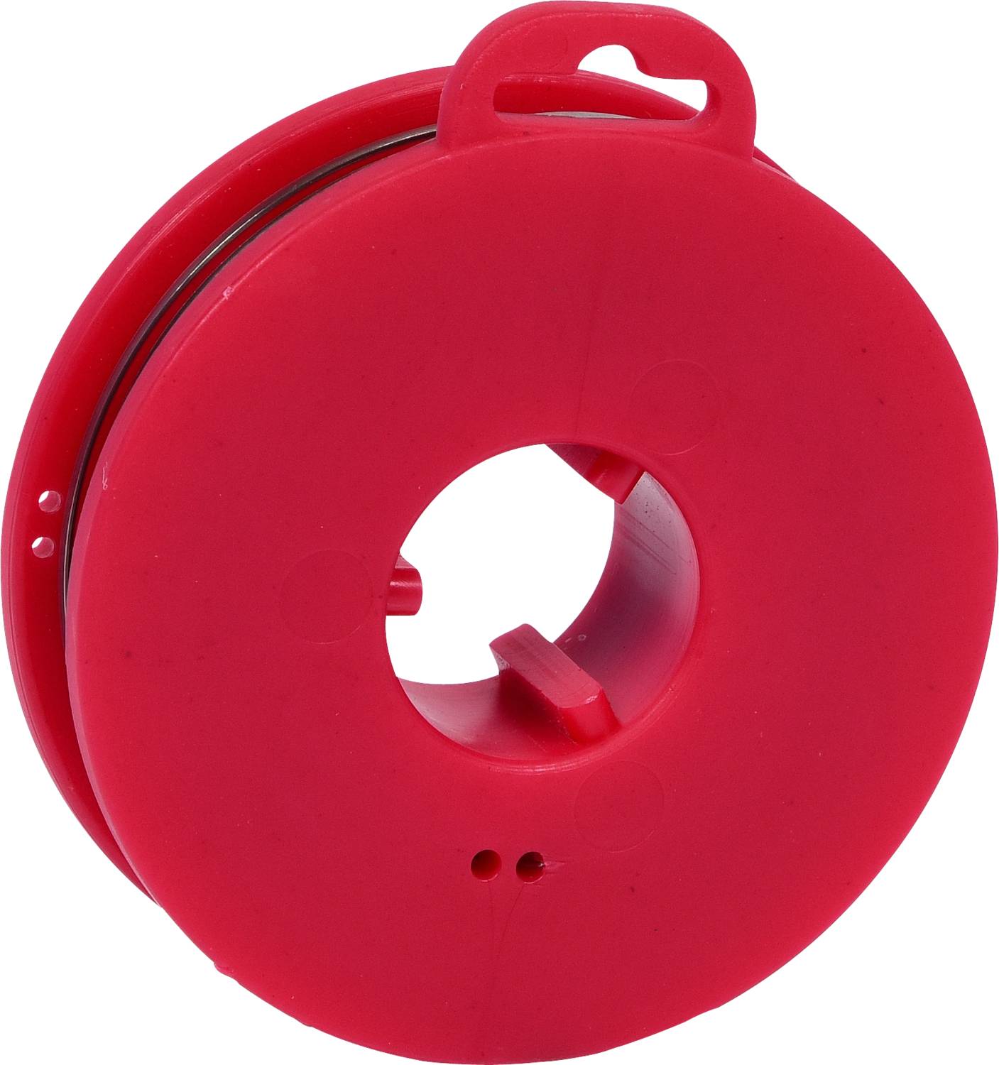 Eine rote Kabeltrommel aus Kunststoff mit Griff und zentralem Loch. Sie ist leer und bereit zum Aufwickeln von Kabeln.