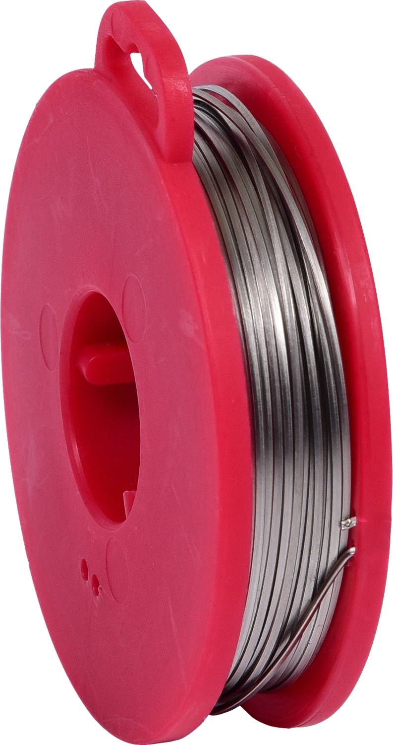 Eine rote Plastikspule mit aufgewickeltem, silbernem Draht, bereit zum Löten.