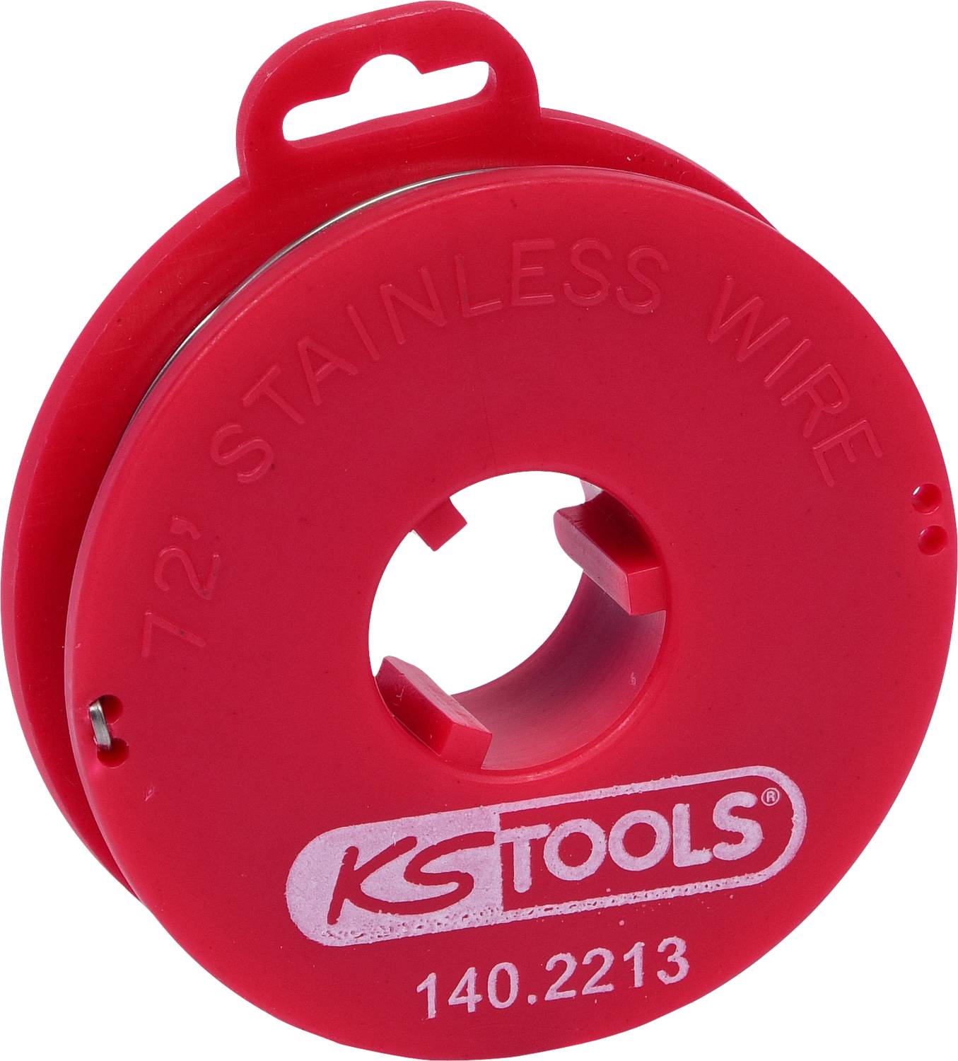 Rote Kapsel mit Aufschrift '72" Stainless Wire KS TOOLS 140.2213', enthält Edelstahldraht.