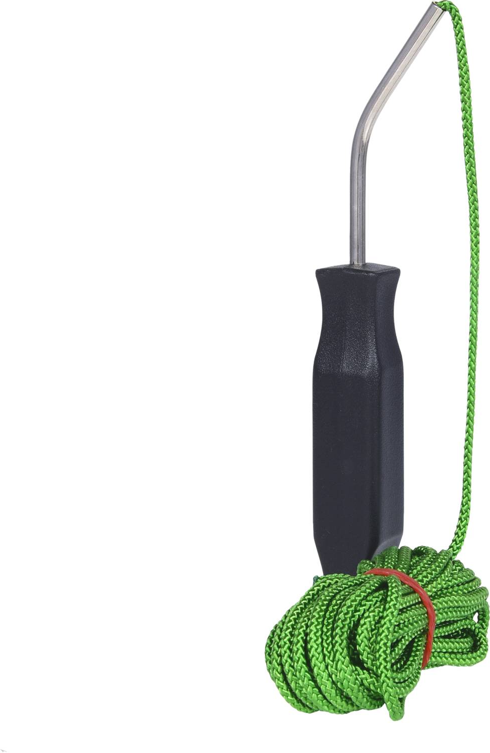 Ein schwarzer Griff mit einer gebogenen Metallspitze ist abgebildet. An der Spitze hängt eine grüne, aufgerollte Schnur.