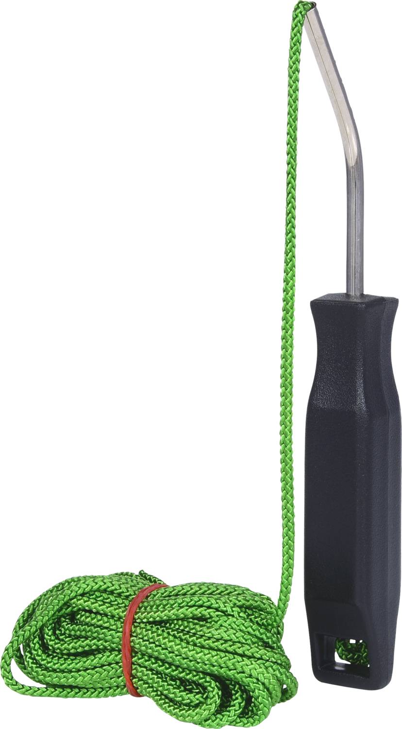 Ein grüner Seilwickler mit einem schwarzen Griff und langer, gebundener Schnur. Das Werkzeug ist für Vernetzung und Seilverarbeitung gedacht.