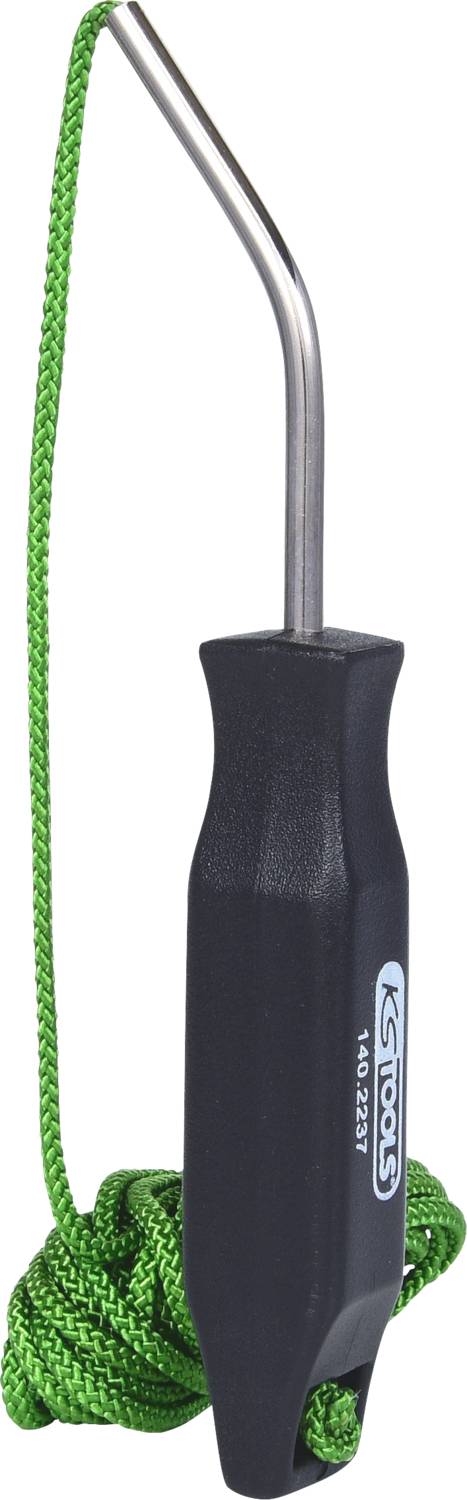 Ein Werkzeug mit schwarzem Griff, gebogenem Metallhaken und grüner Schnur. Wird zum Greifen oder Ziehen von Gegenständen verwendet.