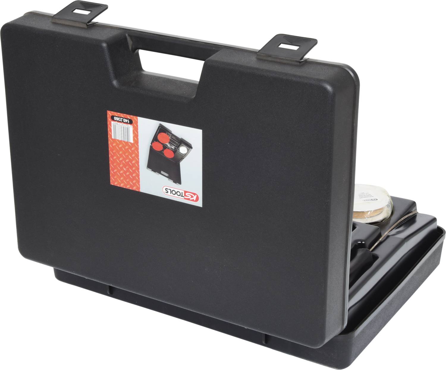 Schwarzer Kunststoffkoffer mit Werkzeug-Set, teilweise geöffnet. Auf einem Aufkleber steht 'KS Tools'.