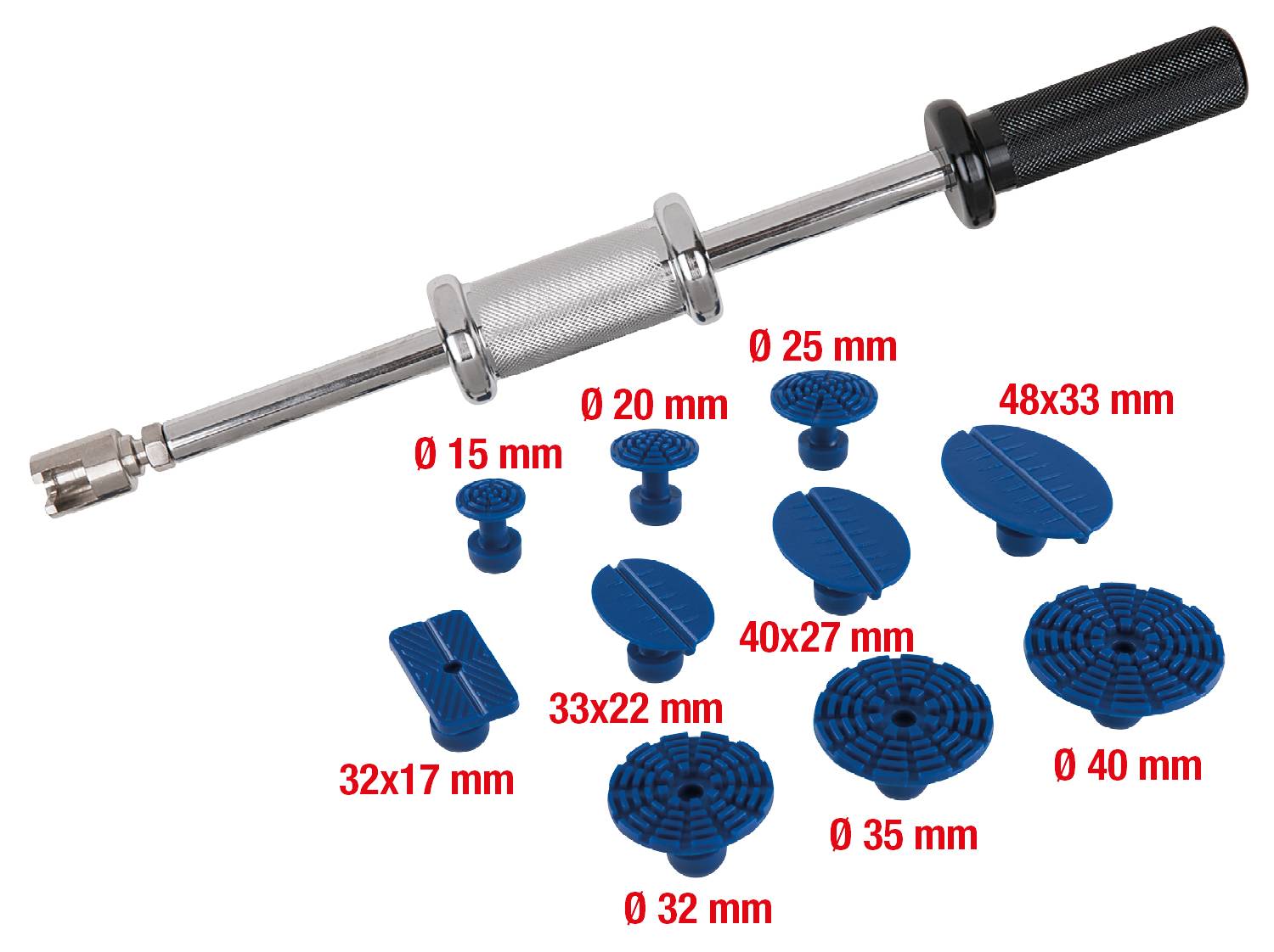 Ein Abziehhaken mit schwarzem Griff und silbernem Schaft. Darunter zehn blaue Adapter verschiedener Größen und Formen mit Maßangaben.