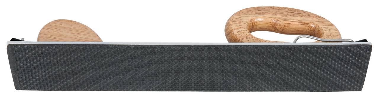 Holzraspel mit zwei Holzgriffen, Draufsicht. Die Raspel hat eine große, flache Metallfläche mit kleinen Erhebungen zum Schleifen.