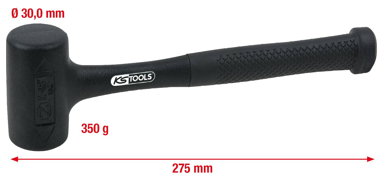 'KS TOOLS' Kunststoffhammer, Gewicht 350 g, Länge 275 mm, Kopf-Durchmesser 30 mm; schwarzer Griff mit Strukturmuster.