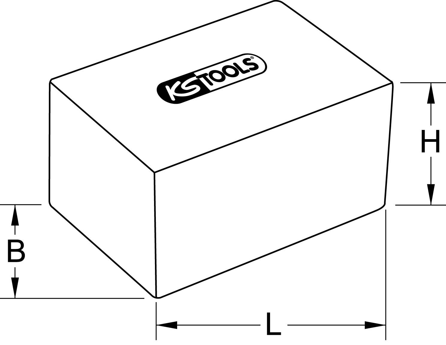 Das Bild zeigt eine rechteckige Kiste mit den Maßen Länge L, Breite B und Höhe H. Auf der Kiste steht das Logo 'KS Tools'.