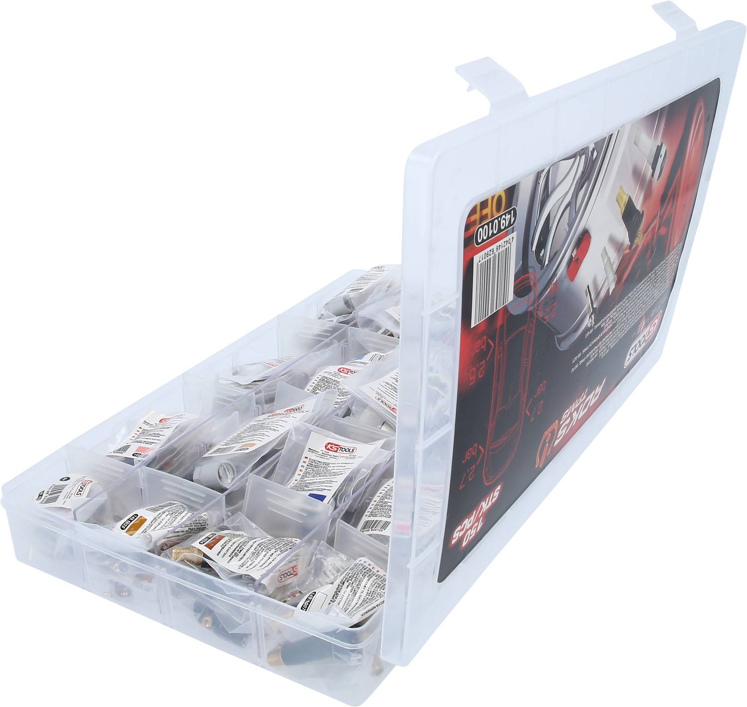 Geöffnete Kunststoffbox mit verschiedenen kleinen Tüten, jede mit einer Beschriftung, aufgegliedert in mehrere Fächer.