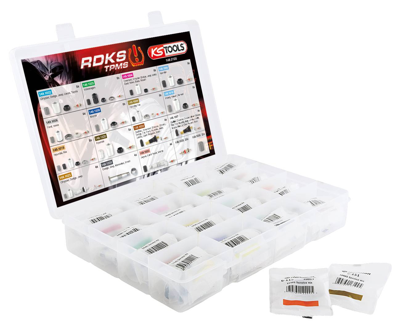 'RDKS TPMS' Ersatzteile-Set von KS Tools in transparenter Box mit Fächern, gefüllt mit verschiedenen Komponenten zu Reifendruckkontrollsystemen.