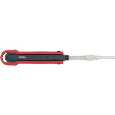 Lötkolben mit rotem Griff und langer Metallspitze, horizontal ausgerichtet. Ideal für elektronische Lötarbeiten und Reparaturen.