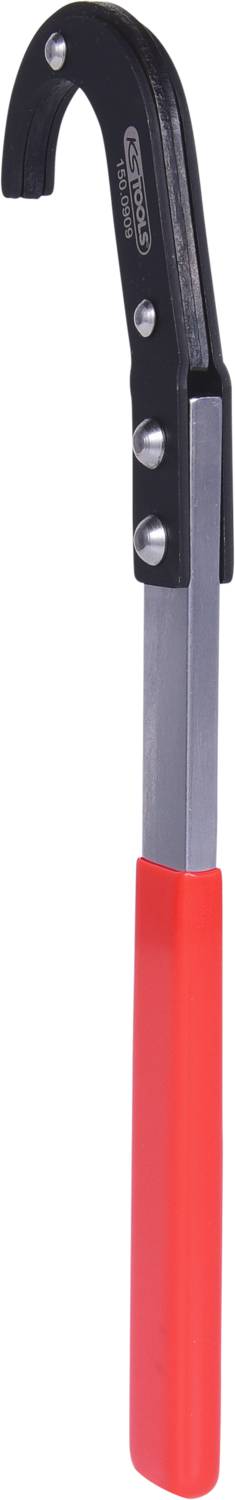 Verstellbarer Hakenschlüssel mit rotem Griff und schwarzem Hakenkopf, verwendet zum Festziehen oder Lösen von Schraubverbindungen.