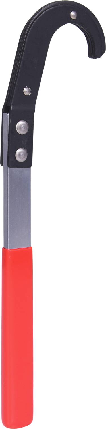 Ein roter Rohrschlüssel mit schwarzem, gebogenem Greifkopf zum Lösen von Rohren und Fittings.