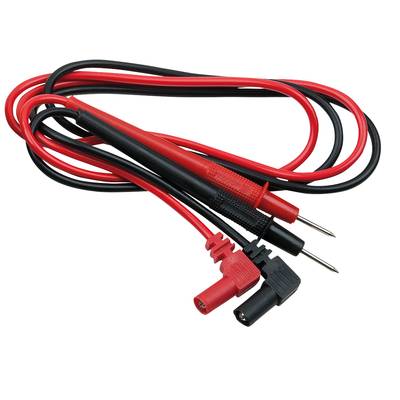 Rote und schwarze Multimeter-Prüfkabel mit Metallspitzen und isolierten Griffen, verwendet zur elektrischen Messung und Diagnostik.