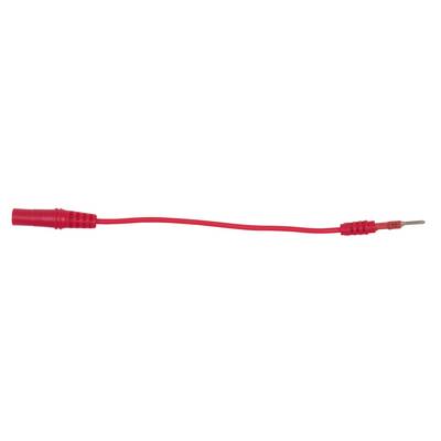 Rotes Kabel mit zwei Steckern an beiden Enden, geeignet für elektrische Verbindungen oder Anschlüsse in elektronischen Geräten.