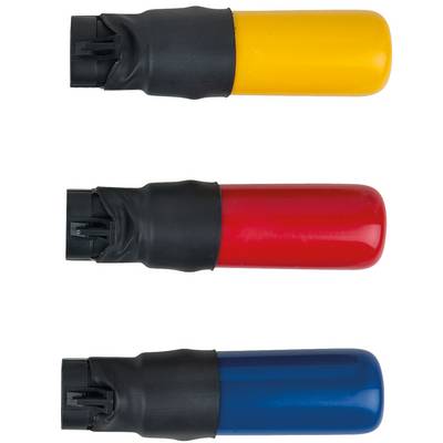 Drei in Plastik umwickelte, verschieden farbige Pfeffersprays: Gelb, Rot und Blau.
