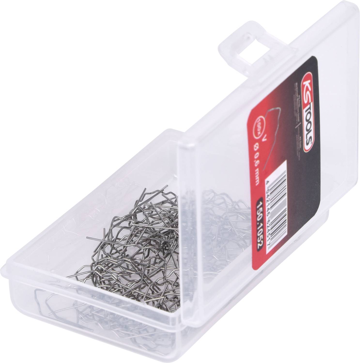 Ein geöffneter Plastikbehälter enthält viele Metallklammern. Auf dem Etikett steht neben dem Logo 'KS Tools' auch die Größe '0,8 mm'.