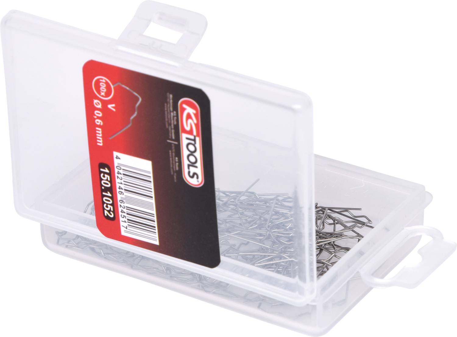 Kunststoffbox mit transparentem Deckel, gefüllt mit silbernen Stiften. Rotes Etikett mit der Aufschrift 'KS Tools 150.1052, 0,8 mm'.