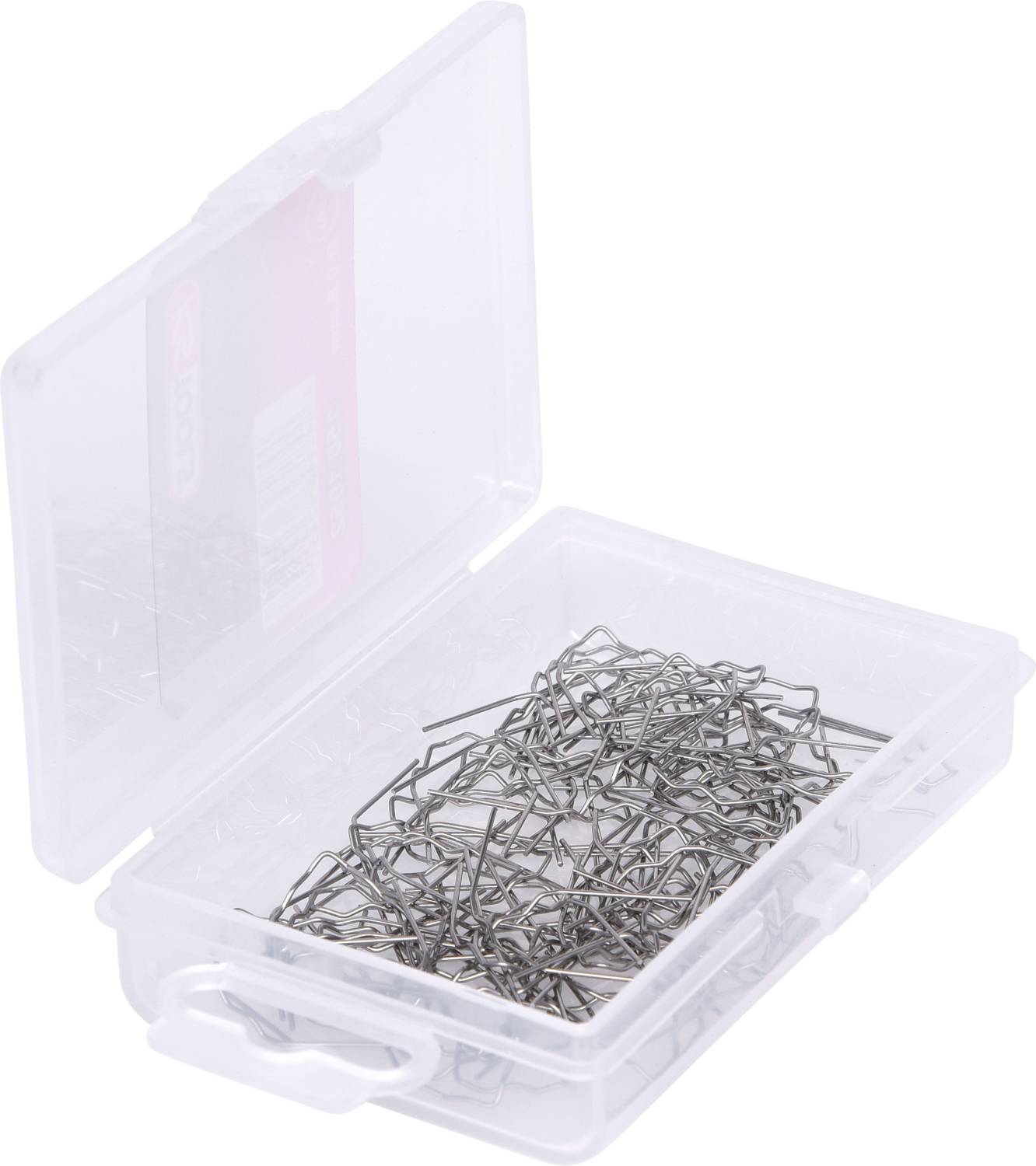 Offene Plastikbox mit silbernen Haarnadeln.