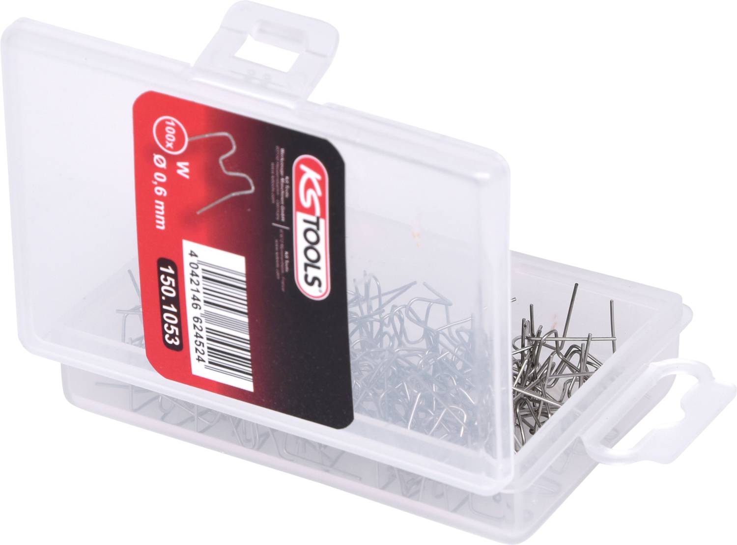 Offene Plastikbox mit silbernen Heftklammern, Etikett zeigt 'KS Tools 1350 1033, 9,6 mm'.