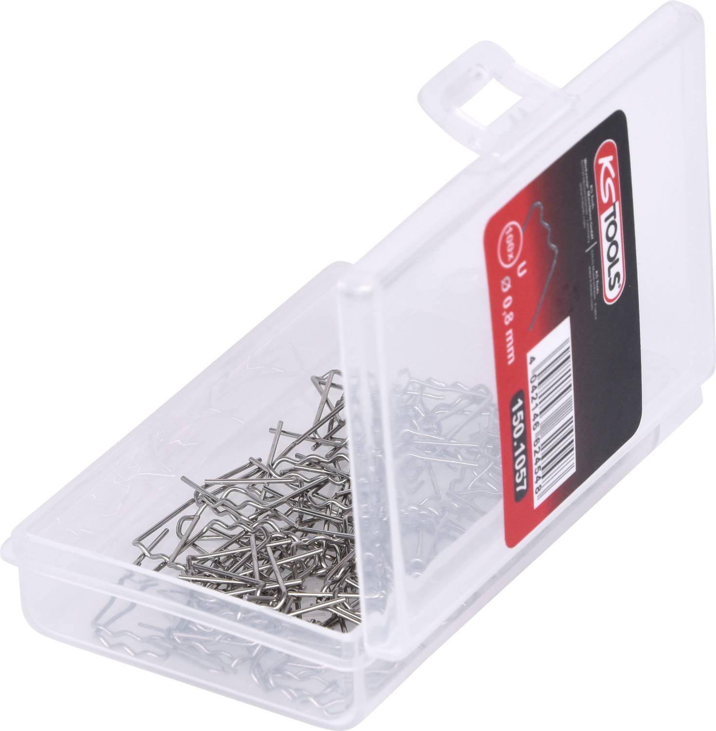 Eine transparente Box mit silberfarbenen Splinten, Herstellerlogo 'KS Tools' sichtbar. Box leicht geöffnet, einige Splinte herausnehmbar.